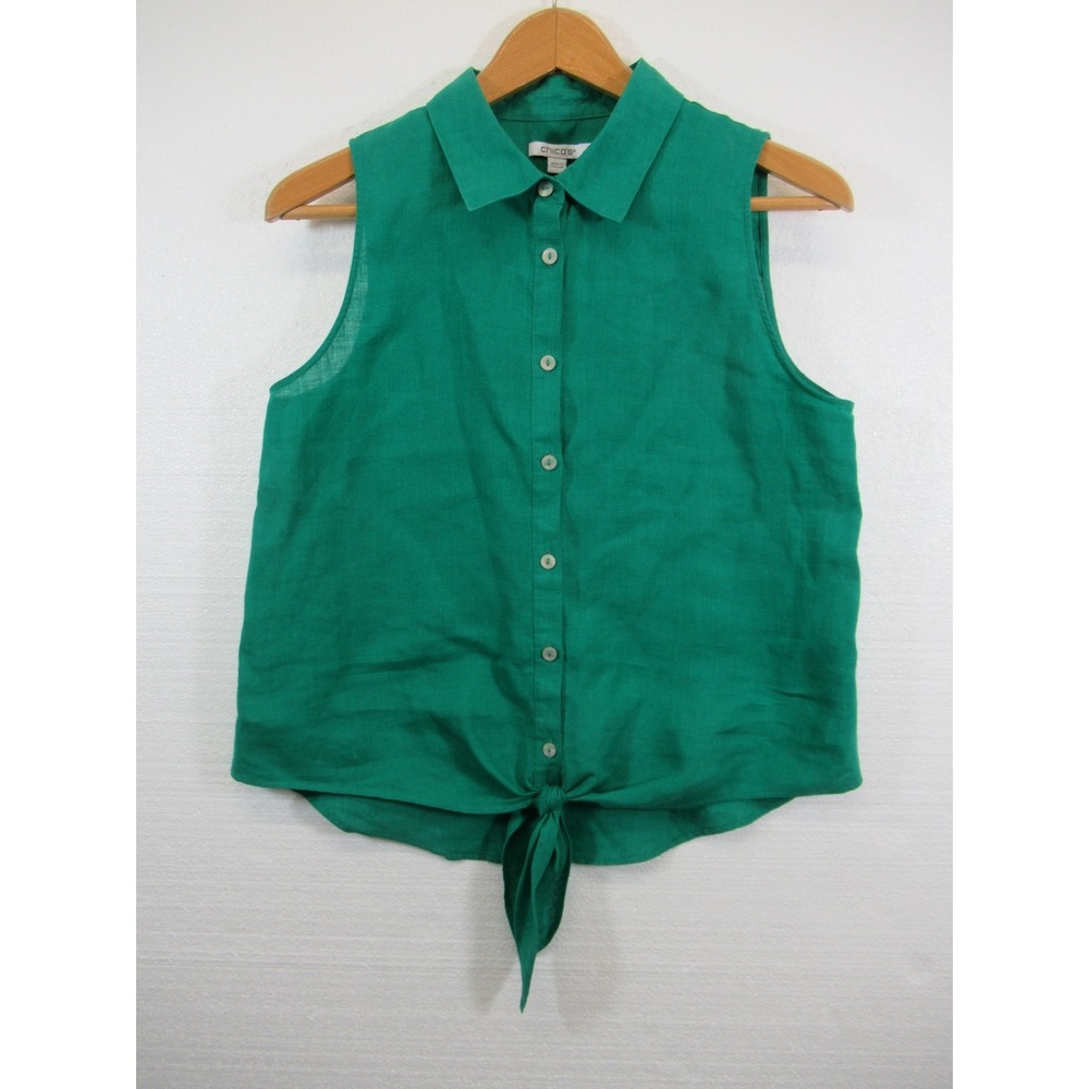 Chico's Linen Button Up Sleeveless Blouse Women 4 Green Tie Front